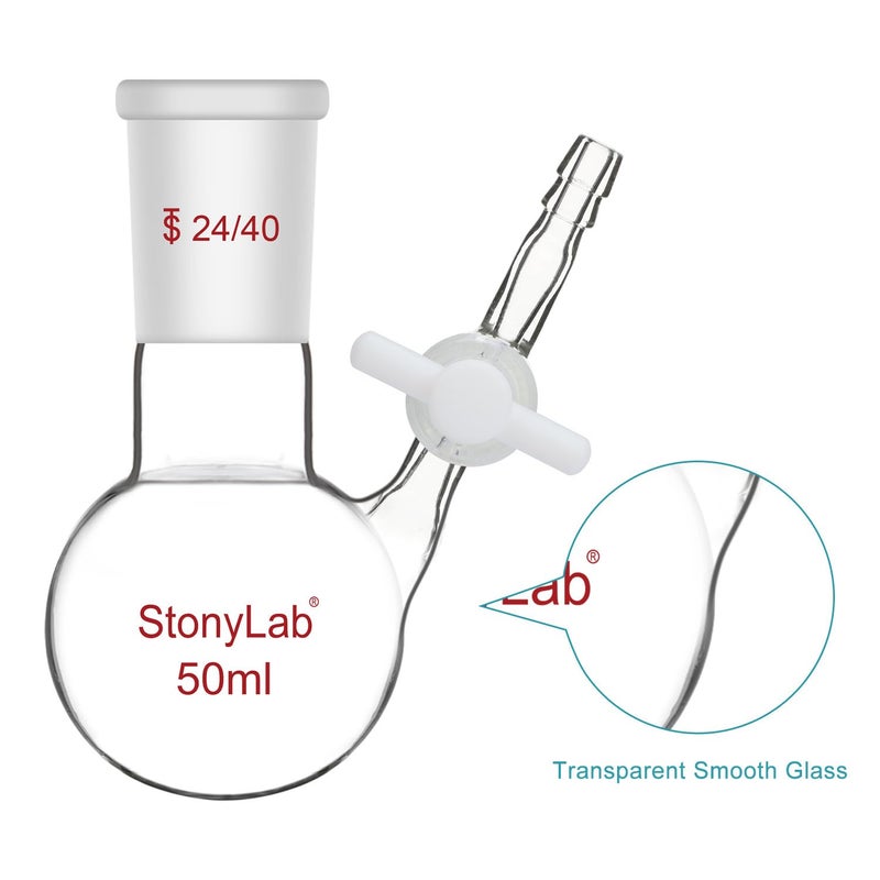 stonylab Reaction Flask - Borosilicate Glass Single-Neck Flask with 24/40 Joint and PTFE Stopcock Valve, Round Bottom, 50 ml - Image 4